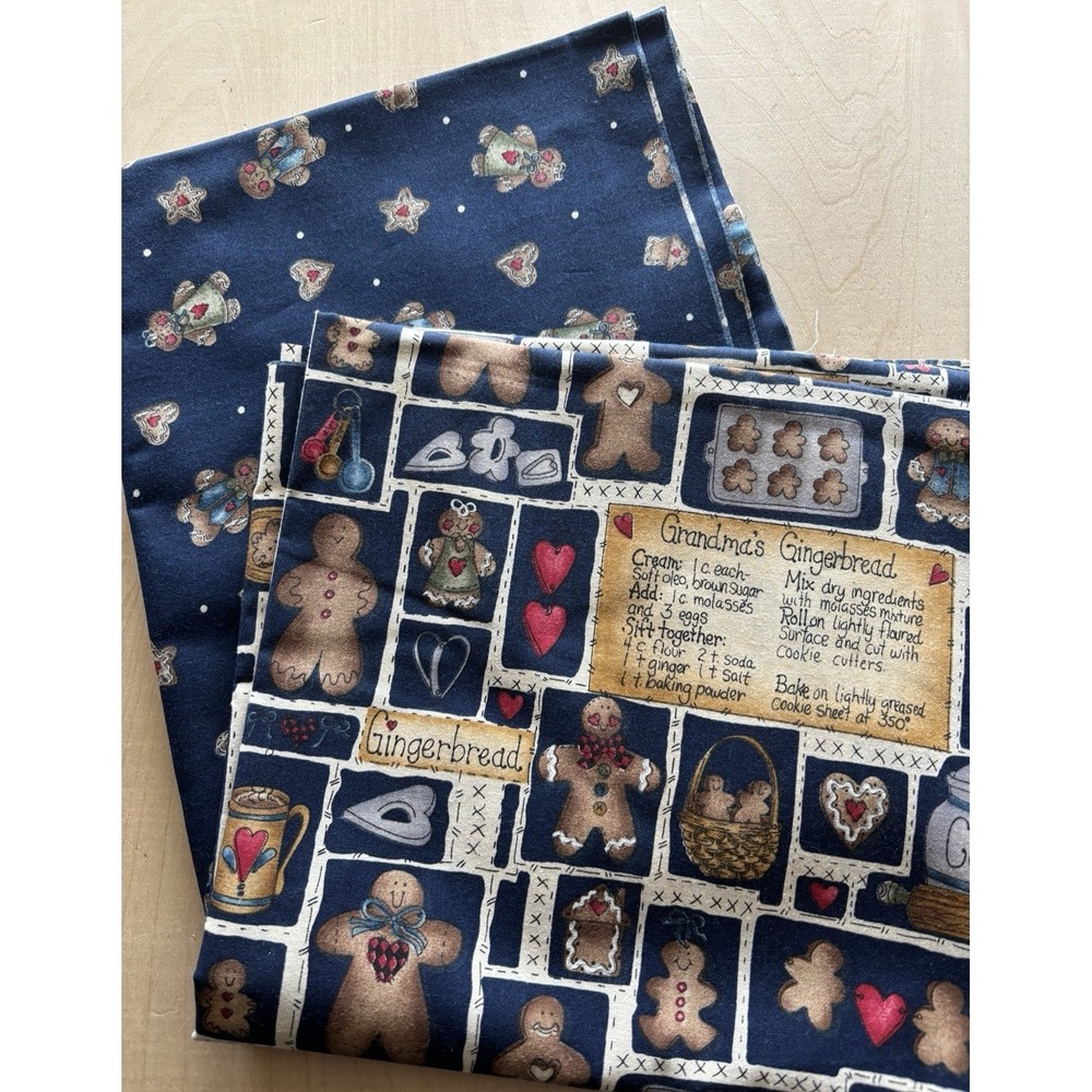 Vtg Dianna Marcum Gingerbread Fabric LOT of 2 Blue Grandma's Recipe 2 Yds x 45"